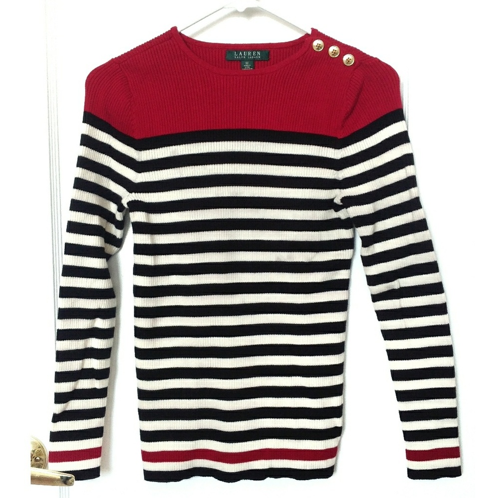 Ralph Lauren Striped Ribbed Sweater Red Black & White Women's Medium